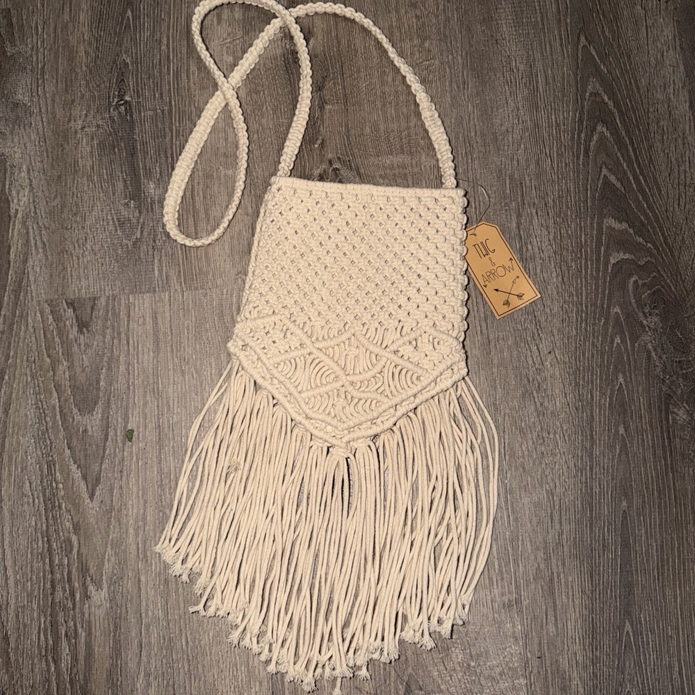 Elegant Cream Macrame Fringe Crossbody Bag